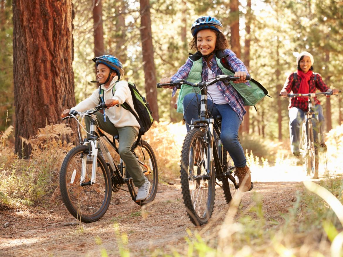 Trois enfant pédalant à vélo en forêt