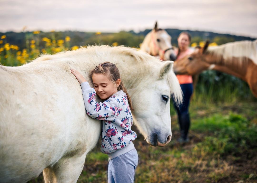 enfant faisant un calin a une cheval