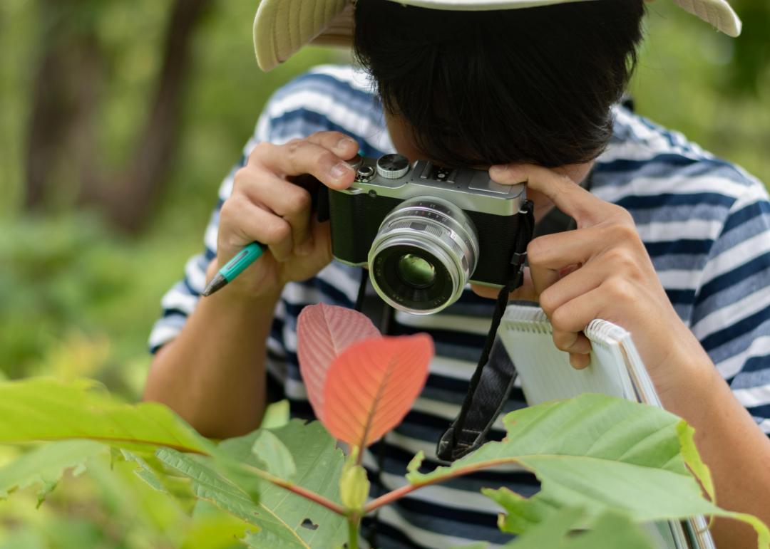 enfant prenant une photo d'une feuille dans la nature